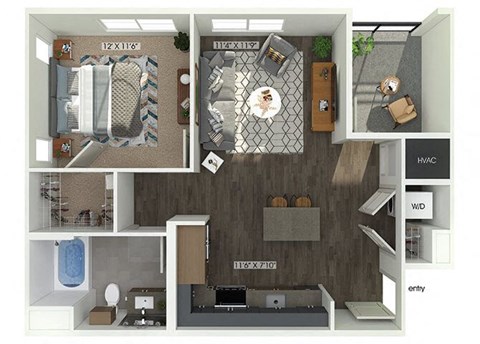 Floor plan for 1 bed, 1 bath, 701 sqft